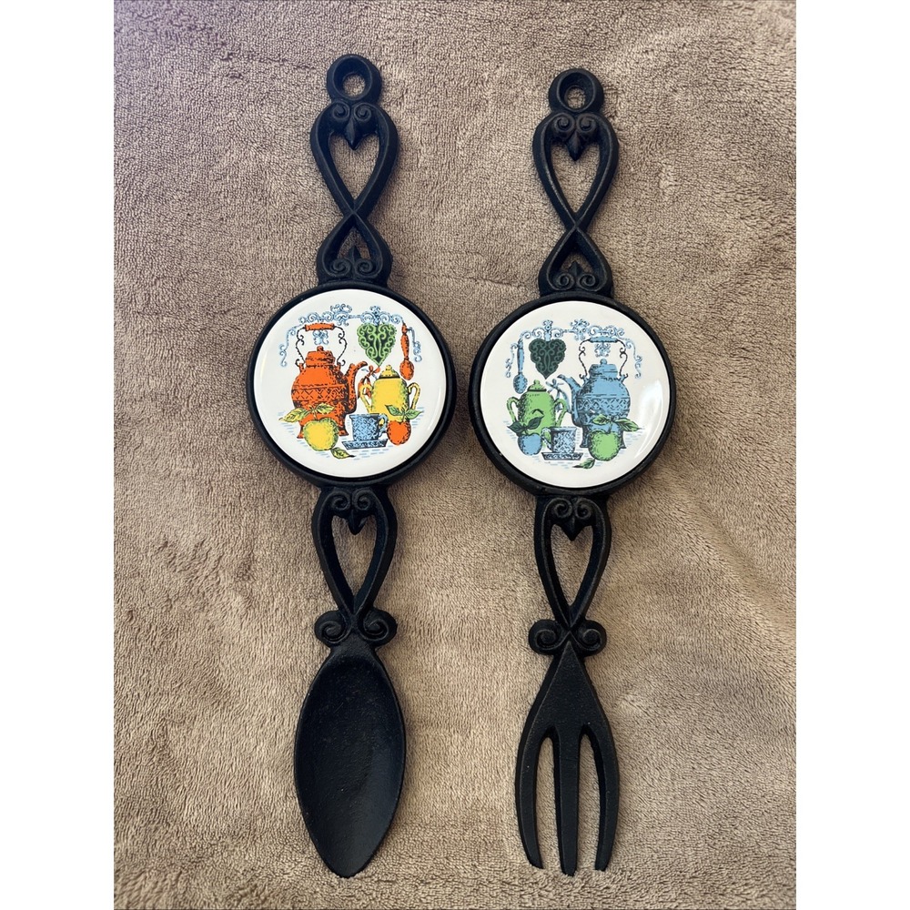 APCO Cast Iron And Ceramic Spoon‎ and Fork Wall Hanging/Trivets Pair MCM